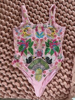 Women’s ' Pink Embellished One-Piece Swim Suit with Floral & Bird Applique